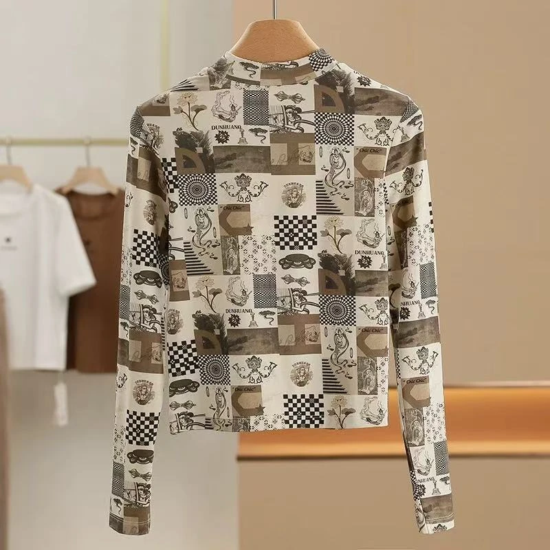 粘纤上衣修身花色长袖T桖~2025春款休闲百搭洋气新款女装时尚秋季