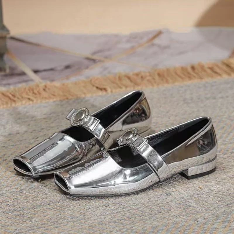 2468-1 明星同款银色单鞋鱼嘴玛丽珍凉鞋新款法式低跟芭蕾平底鞋