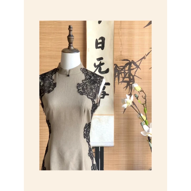 【高智美女】新中式改良旗袍高级感重工蕾丝拼接无袖气质国风连衣裙