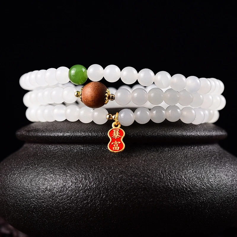 原创天然和田玉羊脂玉三圈手链多圈多层玉石手串女士款