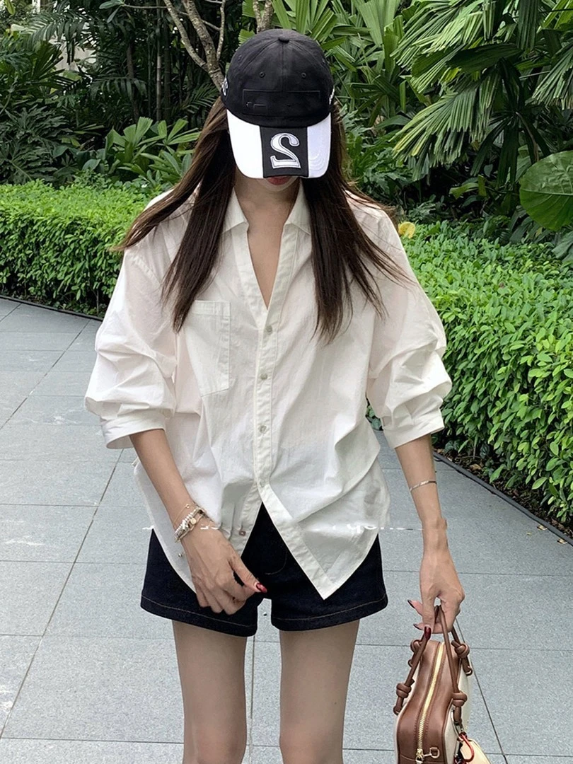 【运补5米】老钱风气质Polo领白衬衫秋季新款休闲百搭褶皱收腰衬衣