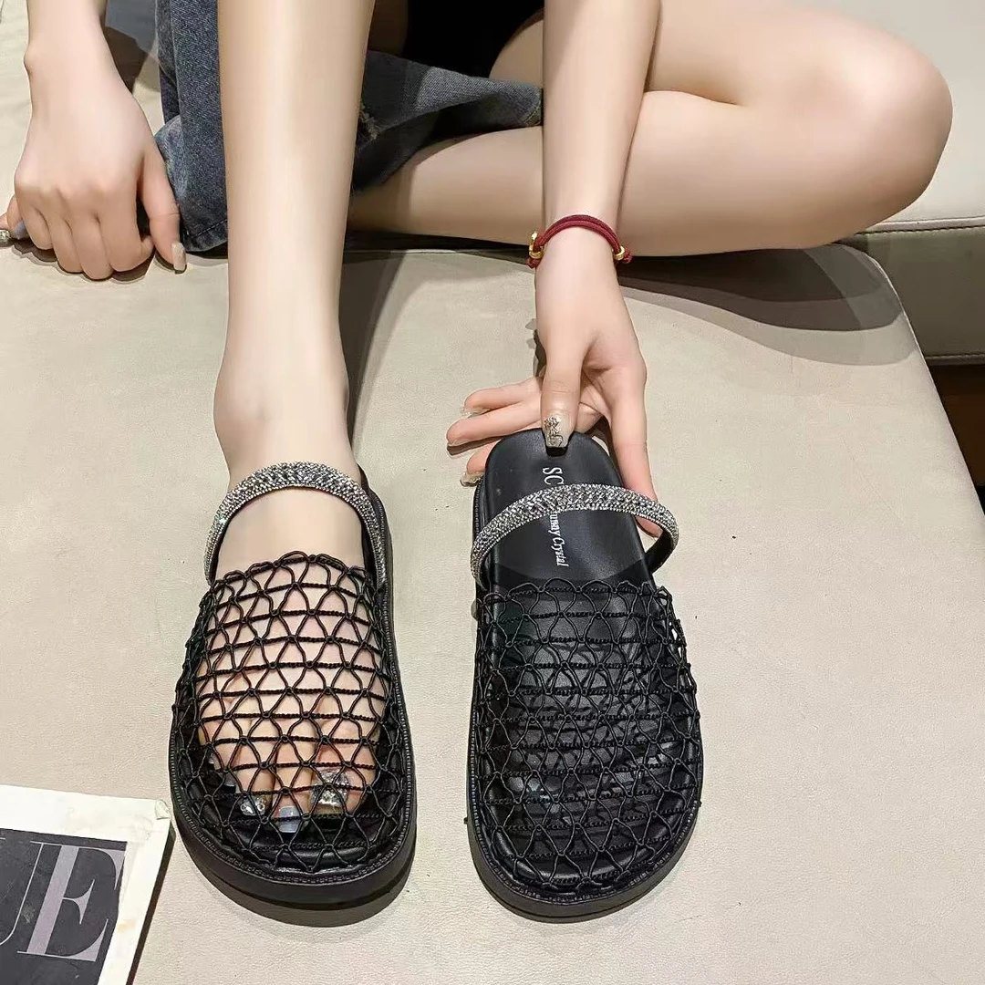 小众网纱镂空半拖鞋女夏2025新款水钻渔网鞋懒人穆勒凉拖(bo)