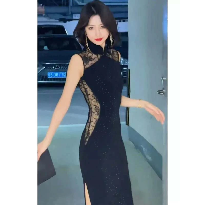 新中式国风旗袍裙高级感气质优雅黑色修身显瘦绝美连衣裙女D3110