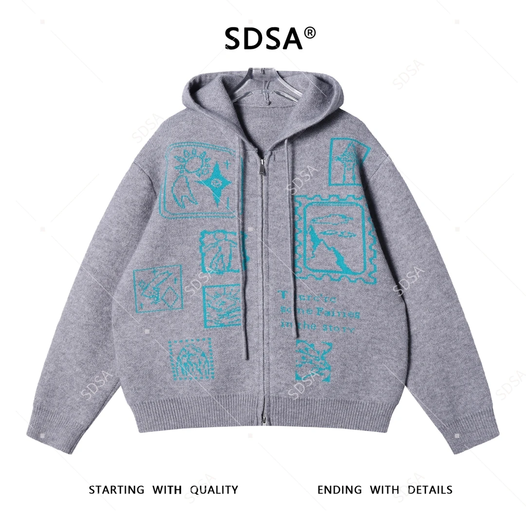 SDSA秋冬新款痞帅男装撞色趣味图案拉链连帽毛衣百搭开衫针织衫