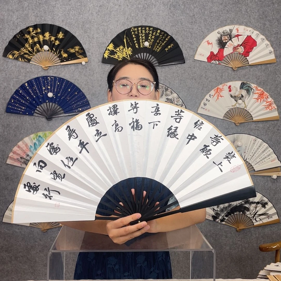 国画10寸-仿乌木福利折扇（默认粘好）发上等愿