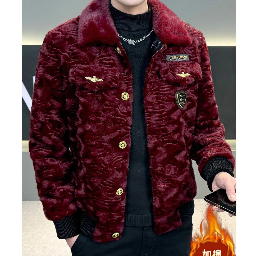 杜切得比秋冬新款潮流加绒翻领外套男士时尚加厚保暖皮毛一体夹克