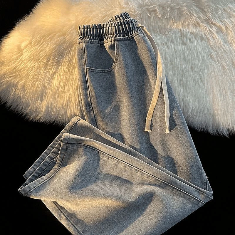 港风松紧腰牛仔裤男女春夏薄款宽松百搭潮流休闲九分裤阔腿长裤子