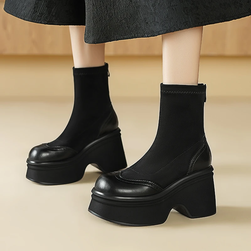 弹力瘦瘦靴圆头10cm坡跟短靴秋冬新款小个子高跟厚底布洛克女靴子