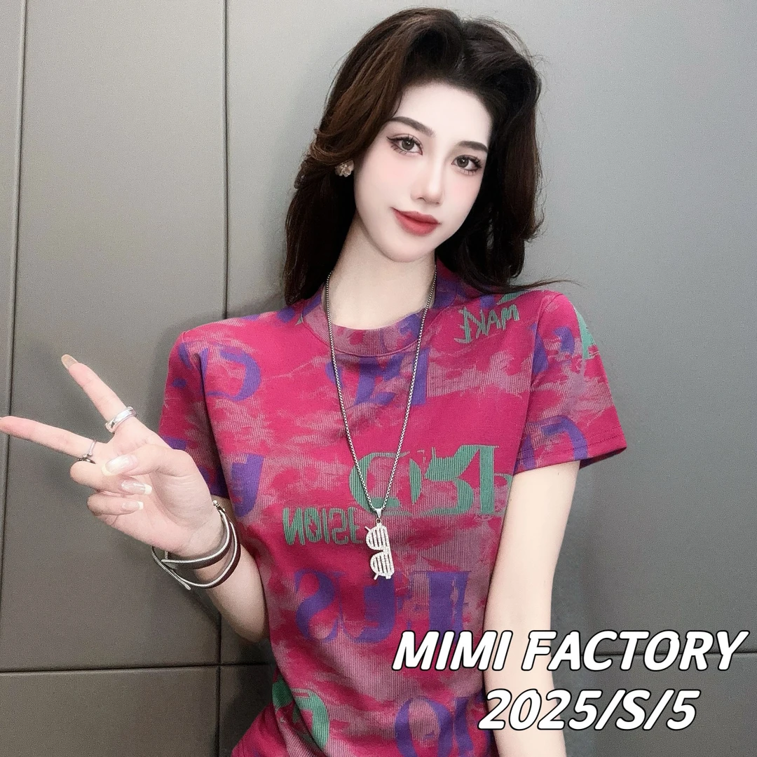 2025新款短袖 欧货满印字母时尚短袖T恤女修身显瘦内搭3565#