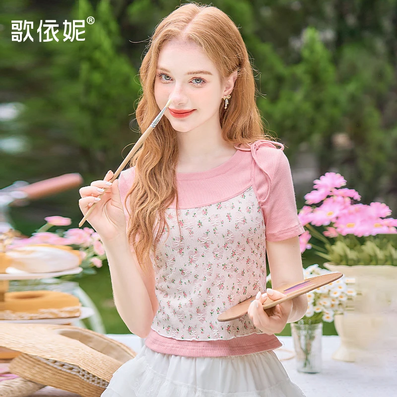 歌依妮夏季新款女甜美粉色碎花假两件短款小个子短袖T恤上衣体恤