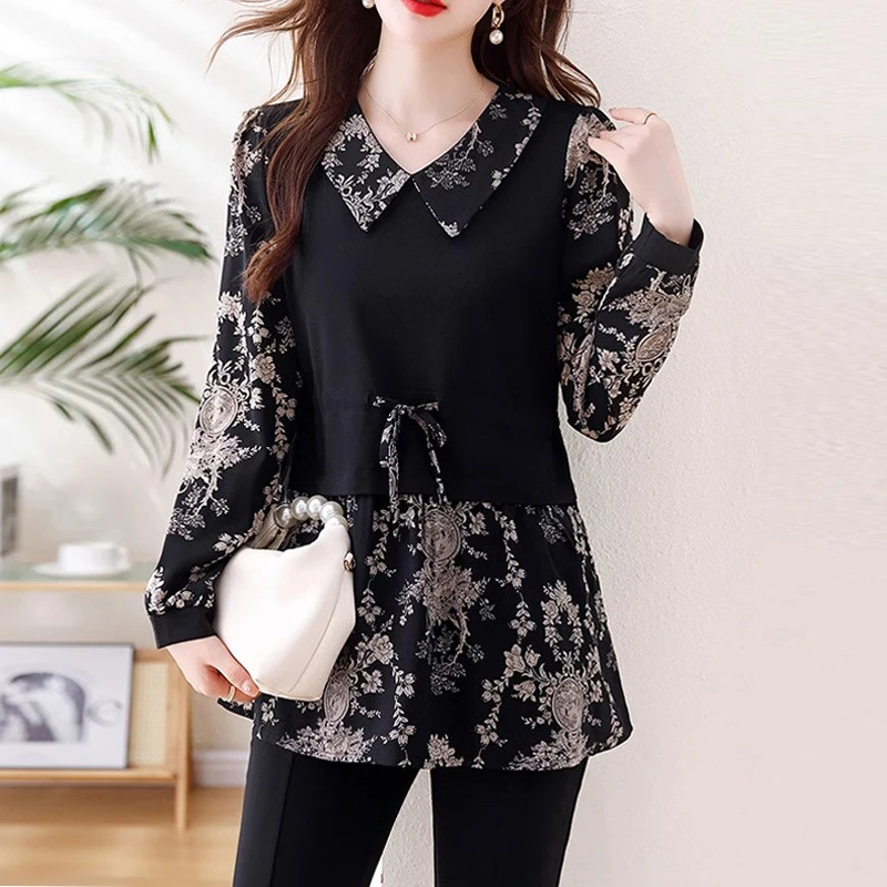 上档次高档妈妈碎花假两件小衫大码女装遮肉遮胯外穿打底秋新