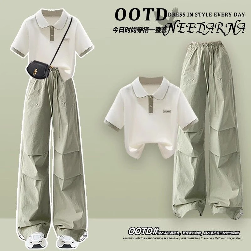 2025夏日多巴胺撞色一整套ootd穿搭短袖套装女又a又飒辣妹工装裤
