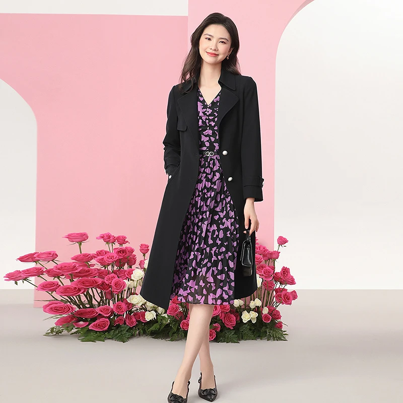 【晨粉专享价】珂莱蒂尔25春季新款修身型中长款风衣外套KJ00714W0