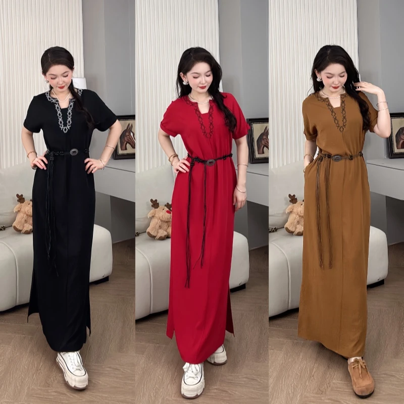 Saeda女装民族风刺绣慵懒风宽松带腰带连衣裙YF10031