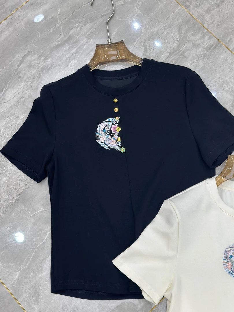 南油超显瘦新中式刺绣不规则开叉休闲圆领短袖