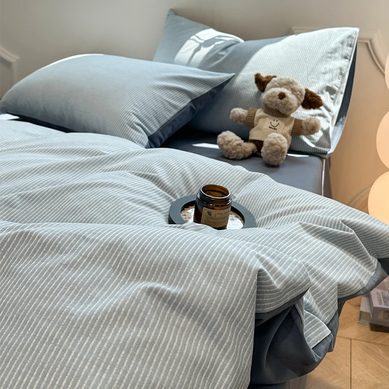 【朵罗塔】A类蓝条加厚磨毛入秋床上四件套纯棉100全棉2025被套床单