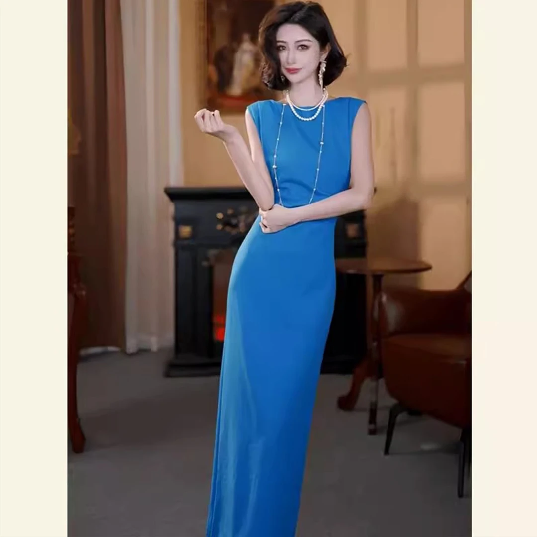 上流社会名媛气质女神范轻奢高级感风情万种超火蓝色无袖连衣裙夏