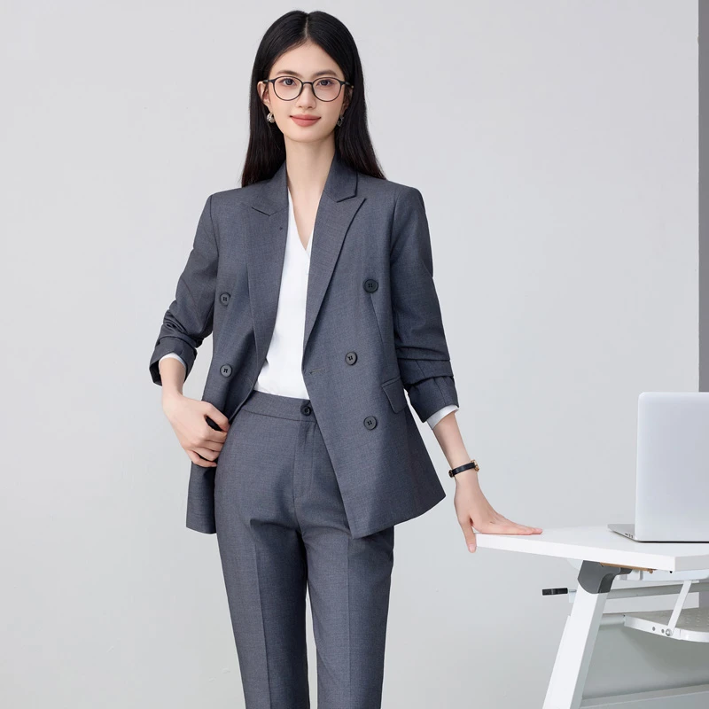 高级感灰色双排扣西装外套秋冬职业正装通勤气质商务西服套装8652