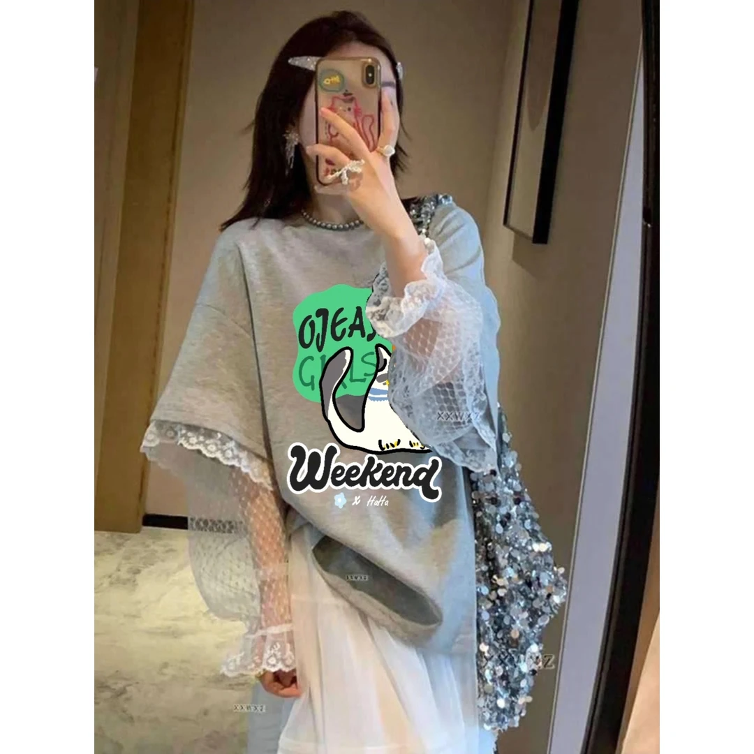 韩国东大门春季夏款减龄小衫卡通印花蕾丝拼接假两件圆领休闲T恤