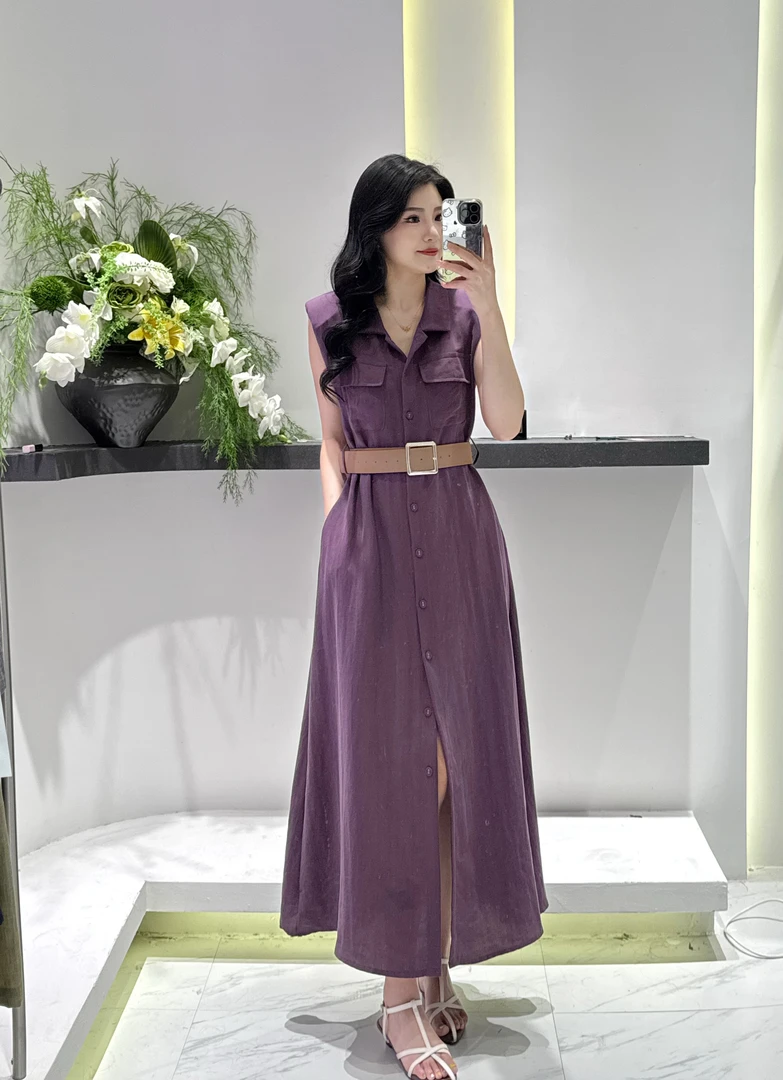 [YI家服饰]夏季长裙无袖法式纯色连衣裙腰带气质时尚自然密语9711