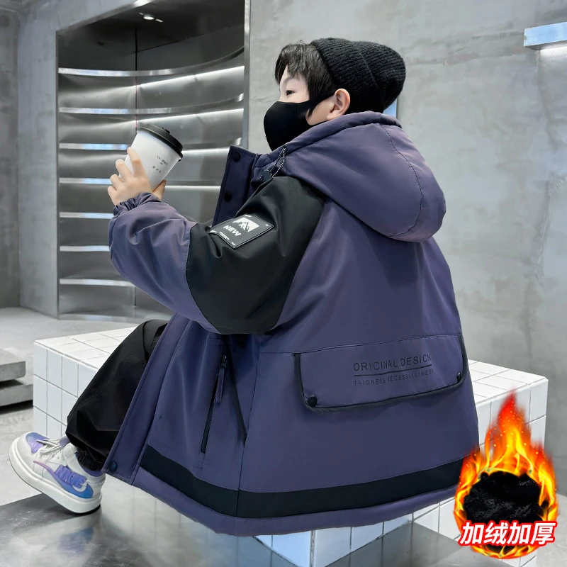 儿童装男童中大童加绒派克服外套2025冬季新款贴标防风棉衣潮百搭