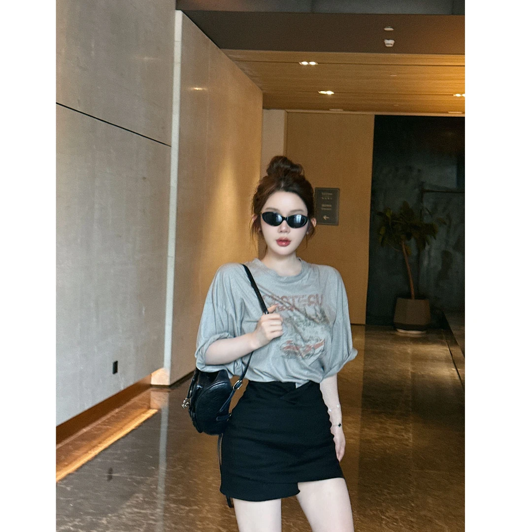 媛媛【黑胶唱片】黑色半身裙女2025新款纯欲短裙显瘦a字裙#Q1222