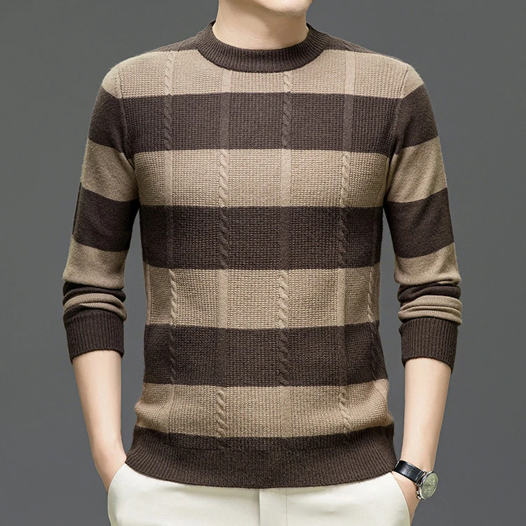 男士秋冬加厚针织毛衣条纹圆领男装针织衫冬季打底宽松保暖上衣