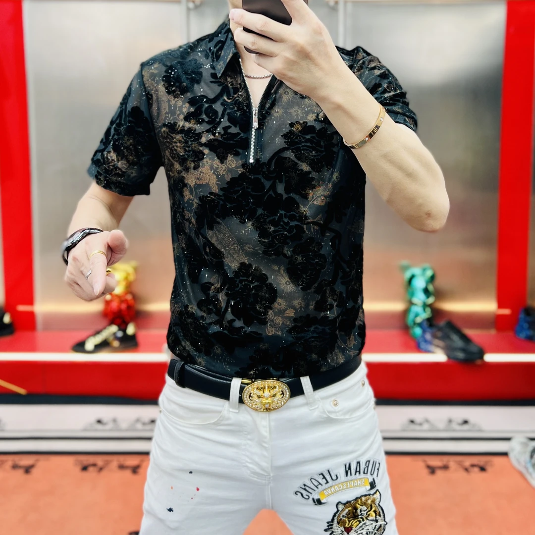 欧洲站男士夏季新款时尚潮流百搭冰丝植绒烧花翻领拉链款短袖T恤