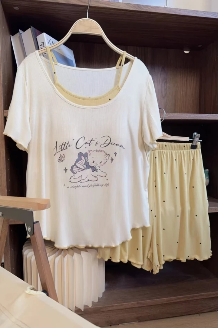 2025年新款莫代尔带胸垫睡衣女夏季短袖短裤家居服黄色蝴蝶小猫