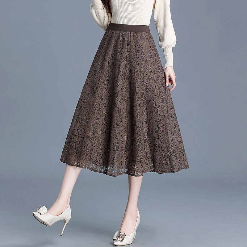蕾丝半身裙女夏中长款2025新款高腰显瘦垂感大摆裙a字裙百褶裙