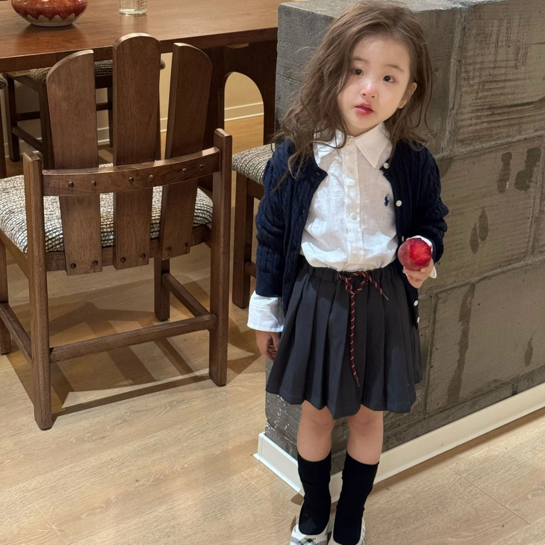 《现货》女童2025夏季气质韩版学院风翻领长袖衬衫宽松阔腿短裤套装