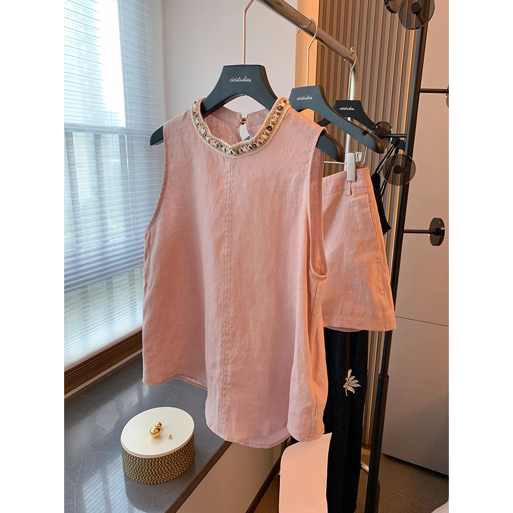 民族风编织钉珠套装女夏2025新款韩版外穿无袖背心短裤粉色两件套