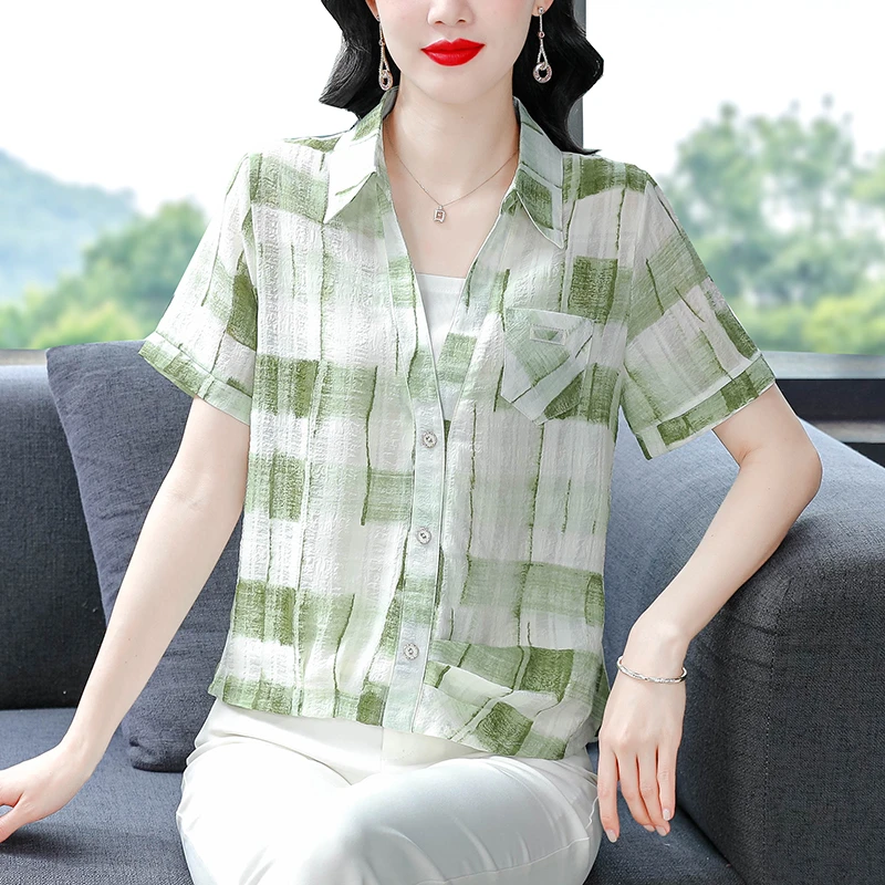 2025夏季新款短袖格子衬衫女士假两件上衣设计感别致显瘦小衫