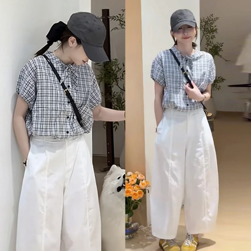 减龄休闲衬衫裤子两件套女2025夏季新款格子设计漂亮潮流韩系套装