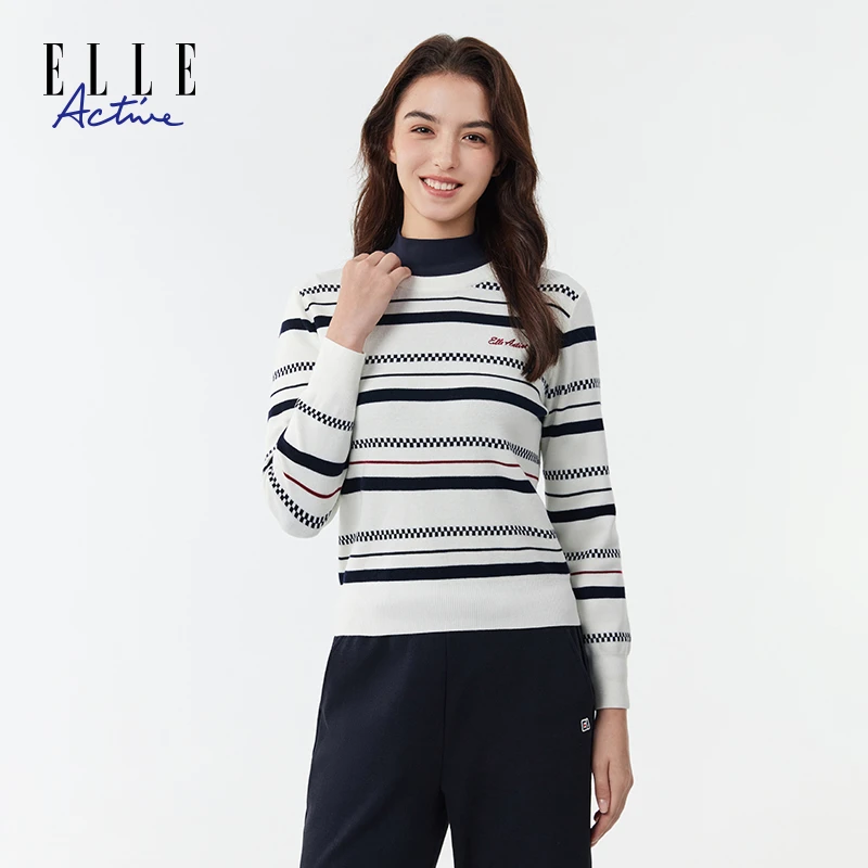 ELLE Active【含绵羊毛】棋盘格条纹圆领针织衫女百搭经典上衣毛衣
