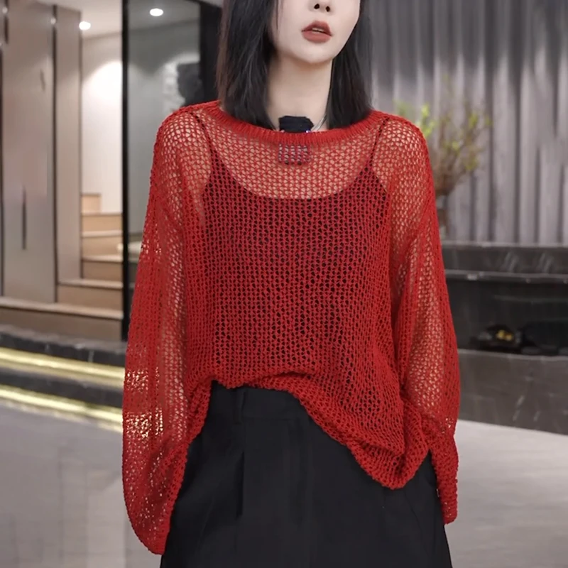 2025早秋季新款女红色镂空针织衫宽松显瘦减龄薄款防晒罩衫上衣