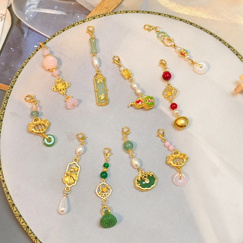 合金吊坠 竹节清新粉色小花吊坠中式铃铛挂件古风旗袍汉服配饰品