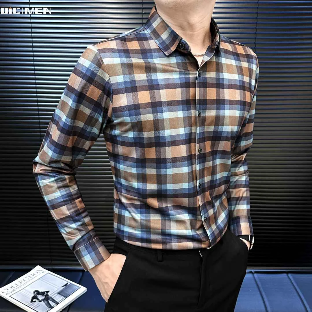 经典轻奢格纹衬衫男装秋季款爆款2025新款上档次撞色衬衣男款长袖