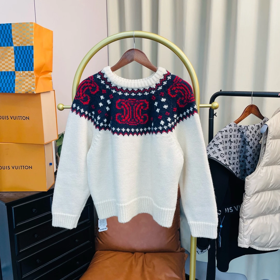 99新 Celine/思琳 玄色 米色领口大logo凯旋门毛衣 S码 99新