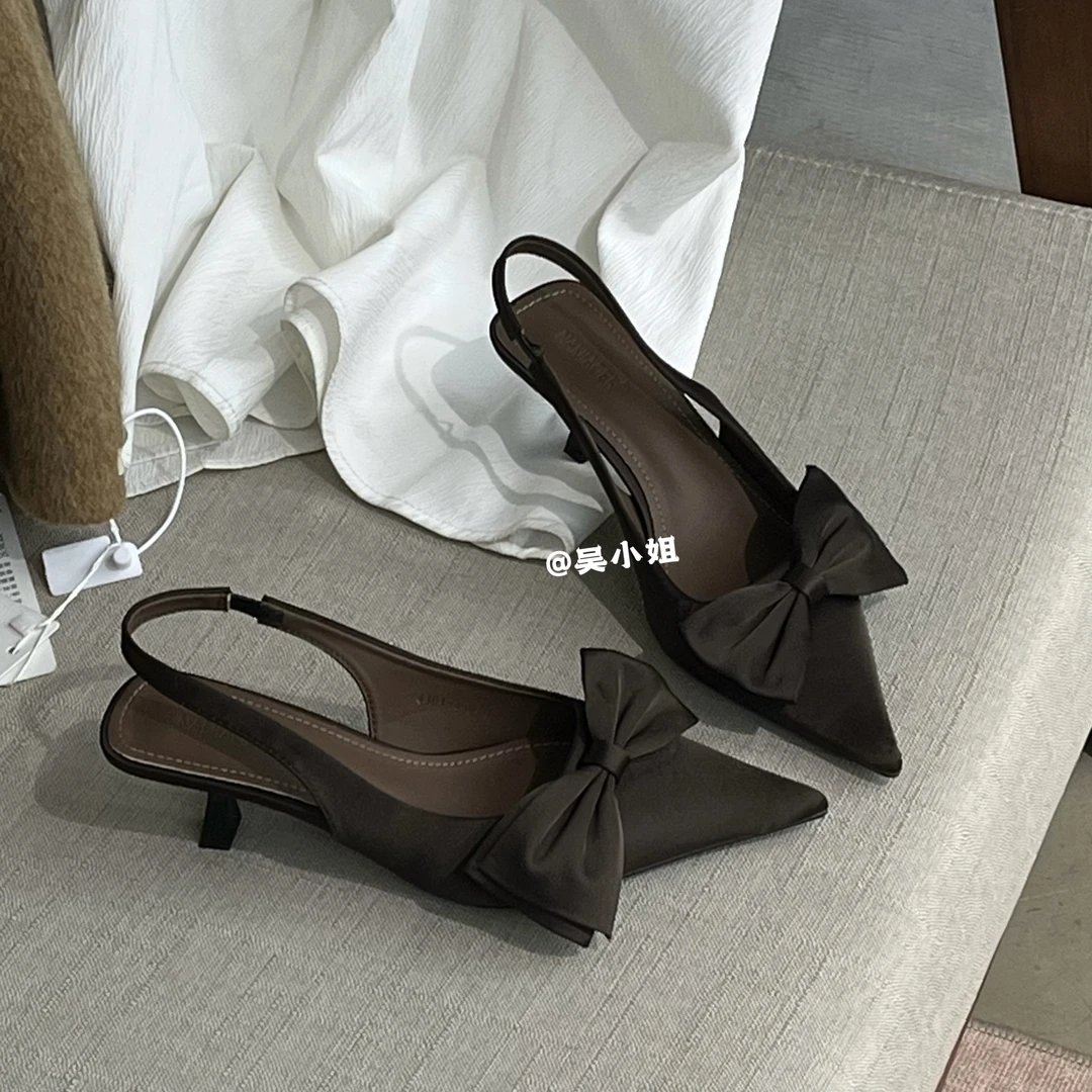 2025春夏新款法式气质温柔咖啡色尖头蝴蝶结高跟鞋包头后空凉鞋