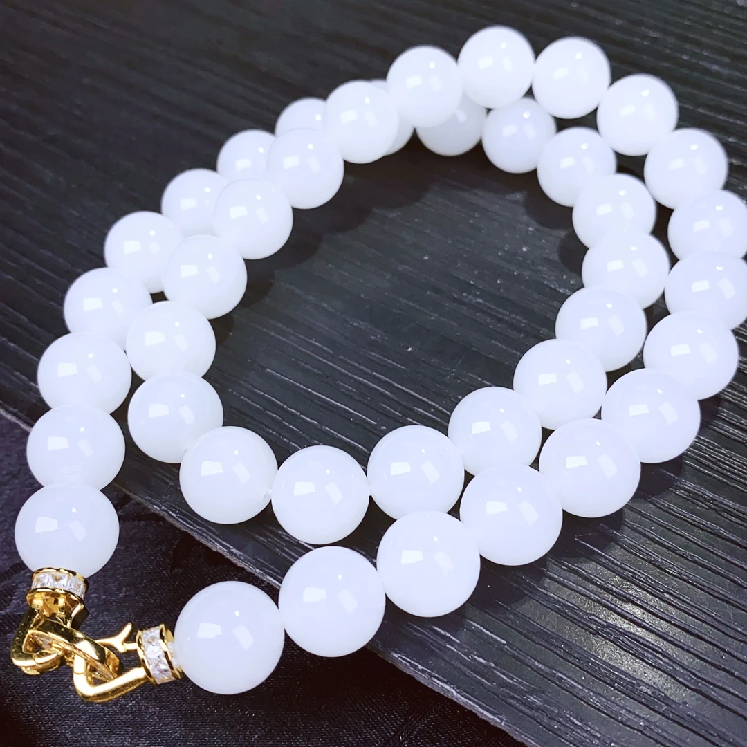 天然和田玉白玉羊脂白级圆珠约12mm银项链颈链妈妈链百搭女@4134