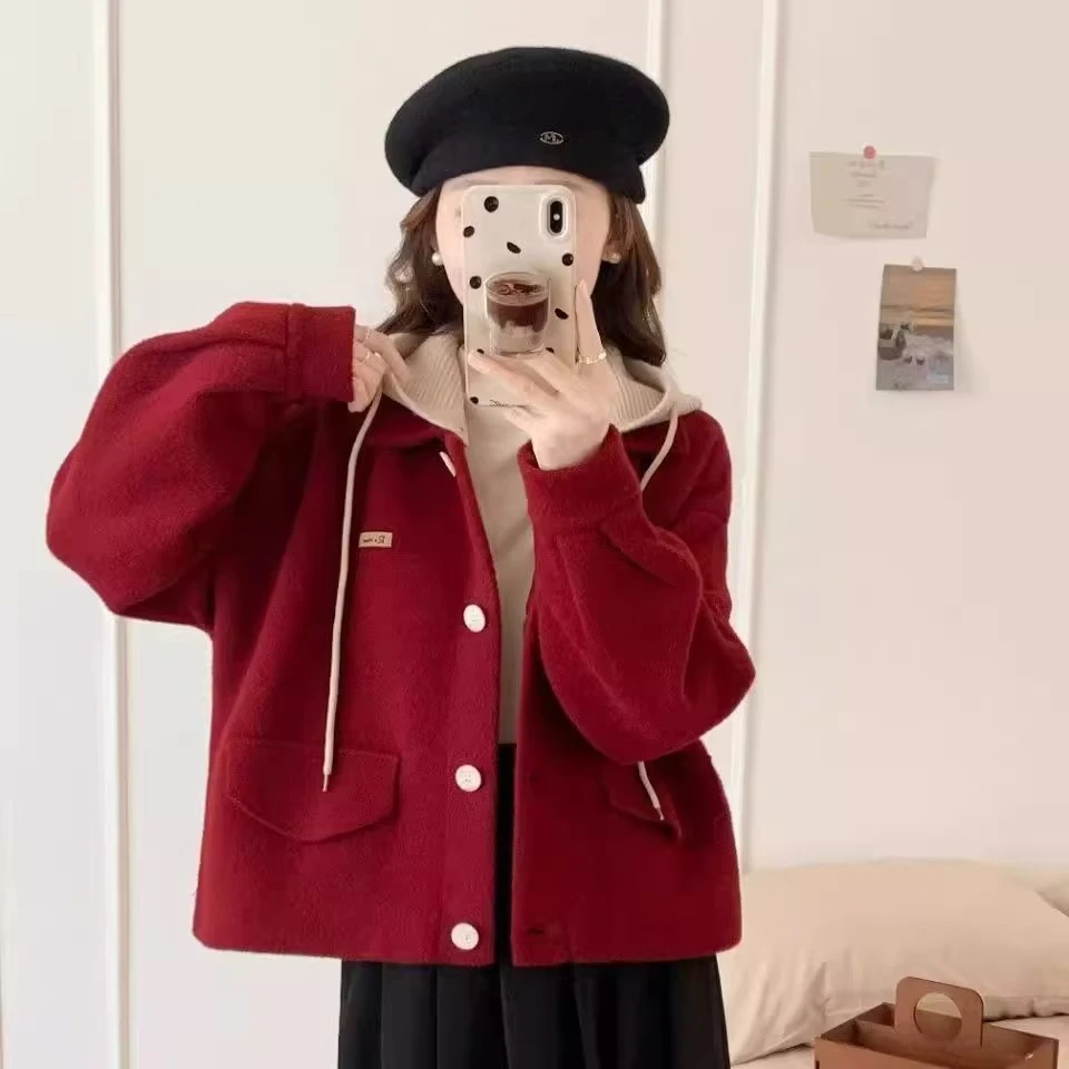 连帽可拆卸毛呢外套女2025秋冬新款韩版宽松气质呢子上衣加厚洋气