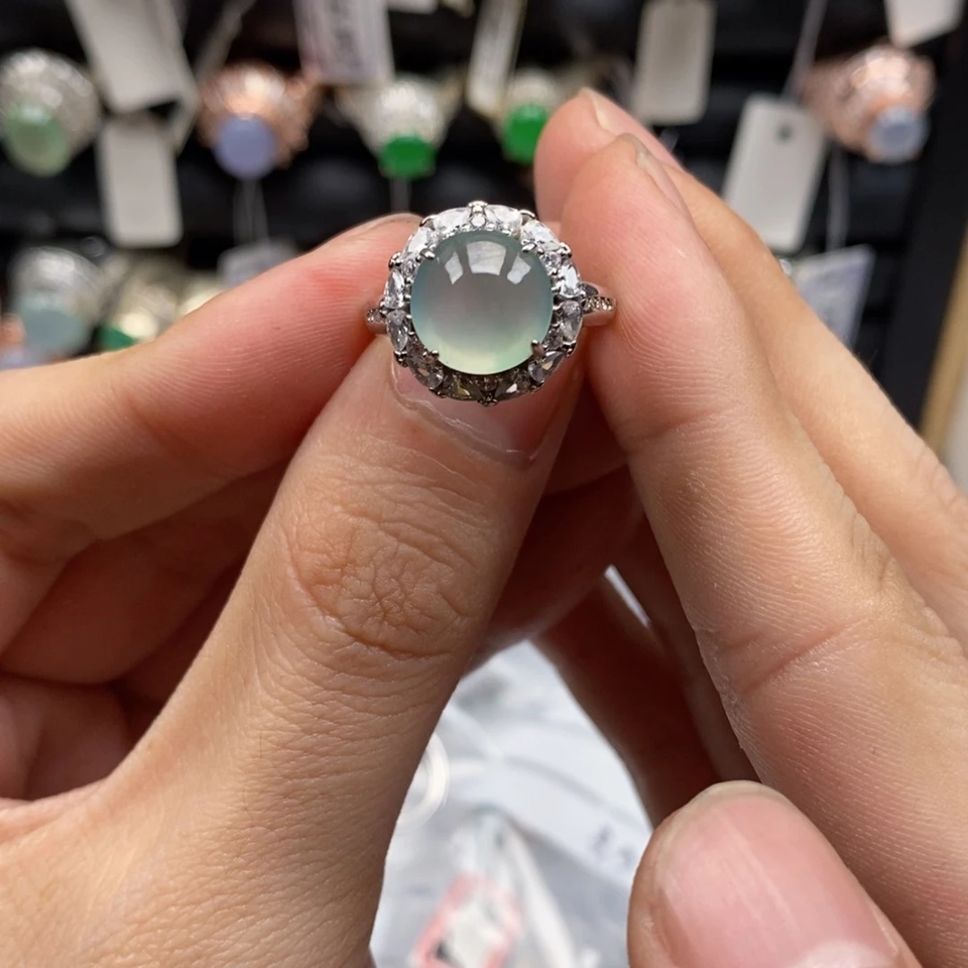 翡翠戒指银S925镶嵌天然缅甸翡翠a货