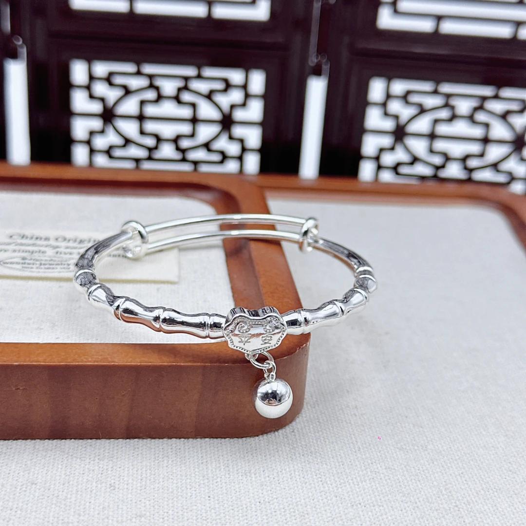 竹节银手镯女平安锁铃铛银镯子轻奢小众年轻款送女友生日礼物