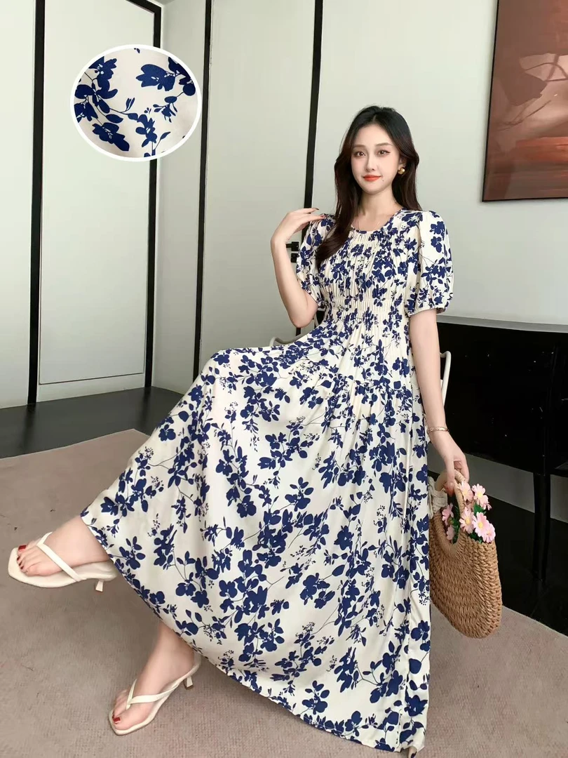 碎花百褶裙褶皱休闲风圆领连衣裙休闲new vintage（537）