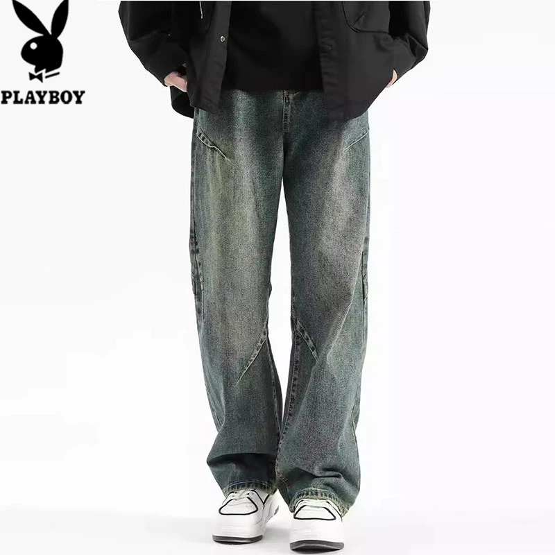 花花公子美式潮牌做旧小众直筒牛仔裤复古宽松潮流百搭阔腿长裤
