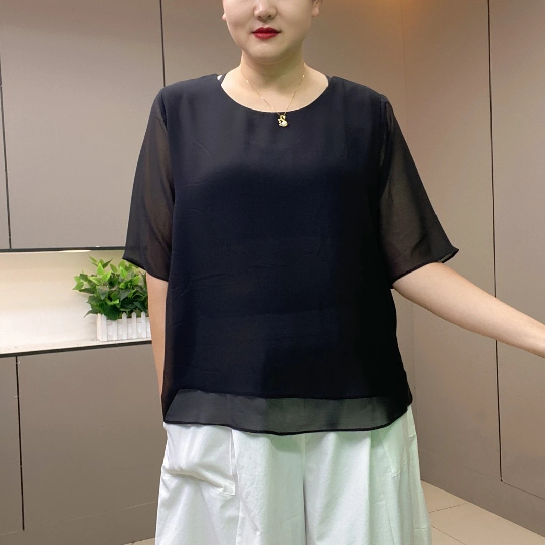 夏季休闲时尚双层纱黑色上衣