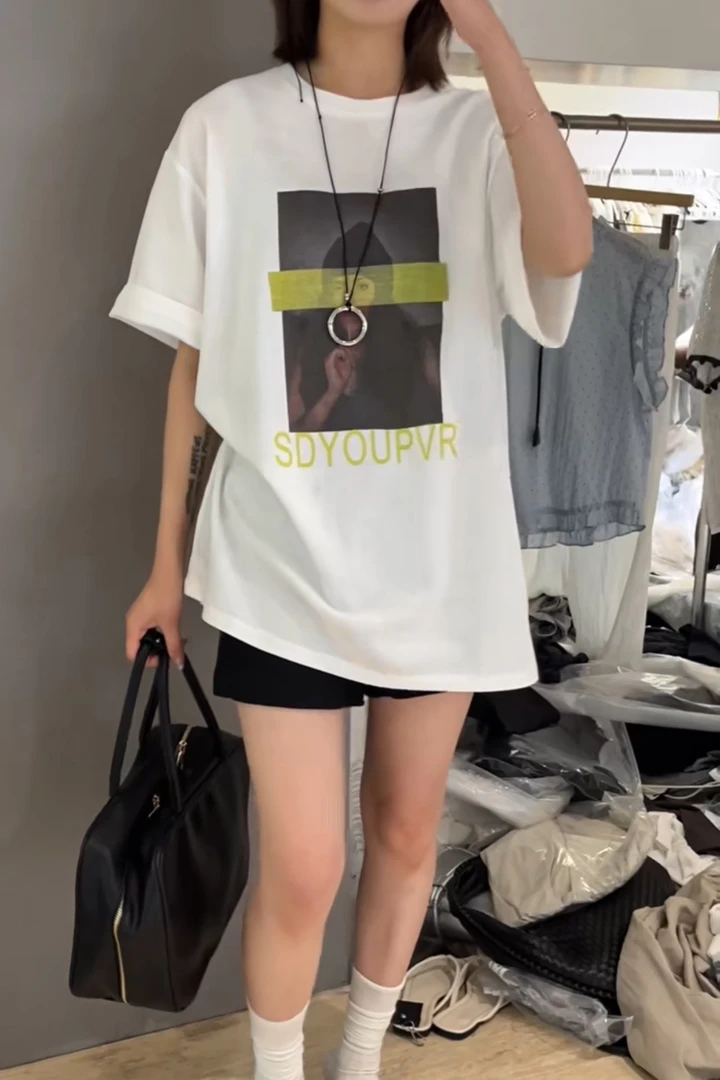 【YZ】欧货韩版简约百搭字母抽象印花圆领短袖T桖