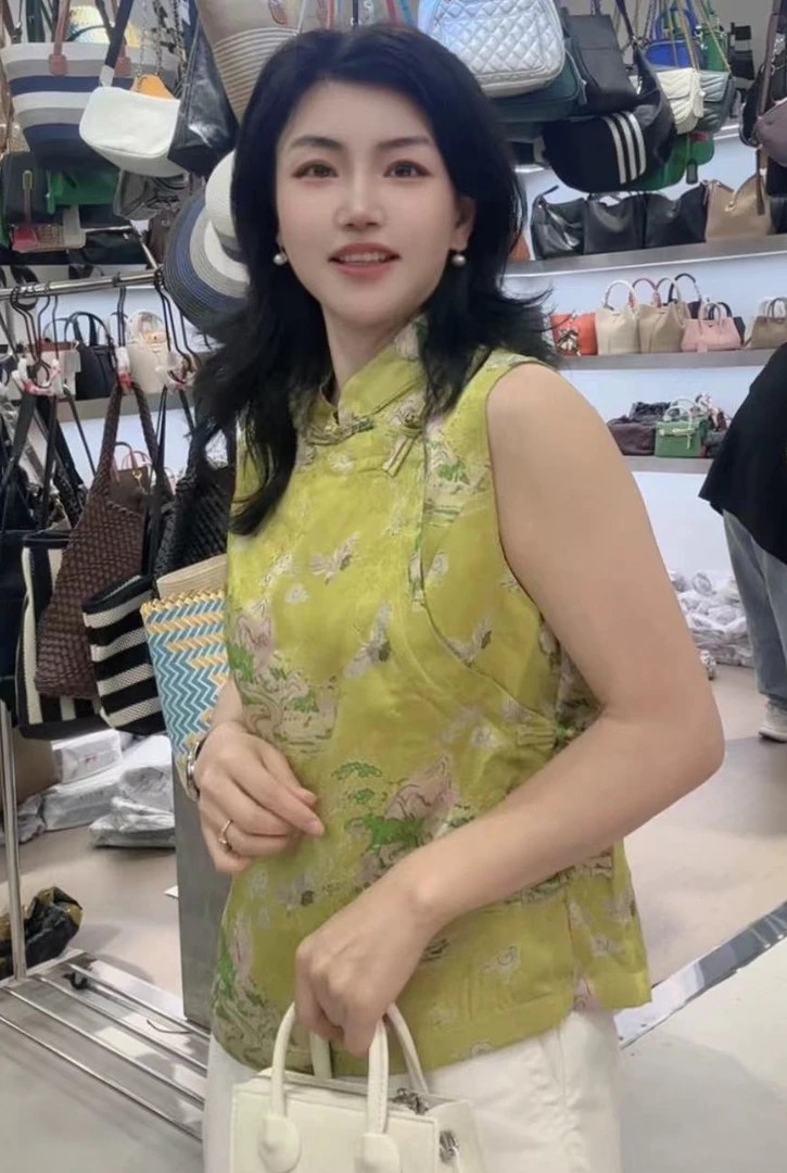 夏季新中式国风提花无袖立领盘扣马甲上衣女