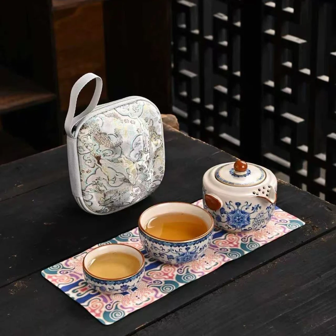 青花缠枝莲汝窑旅行茶具便携式户外泡茶器-0154